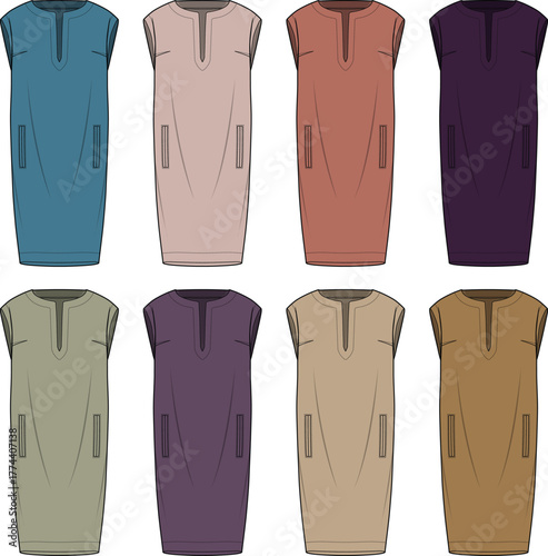 Fashionable tunic dress with pocket mockup, presented in various color variations