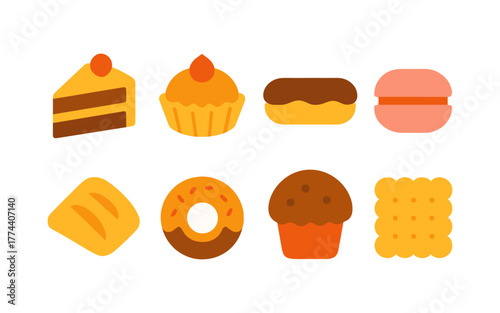 Colorful flat design bakery icons featuring cakes, muffins, and pastries