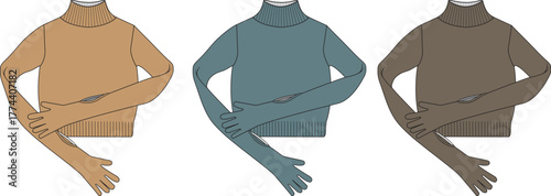 Collection of Three Turtleneck Sweaters in Different Earthy Tones Displayed on Mannequins