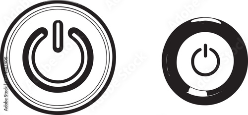 Collection of power button icons in various styles and textures representing start stop and control