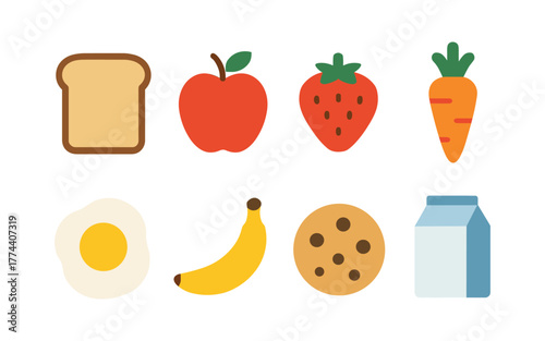 Colorful flat icons of breakfast foods and healthy snacks