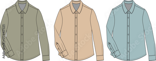 Versatile long-sleeve button-up shirts in a muted color palette, showcasing apparel design concepts for men's and women's contemporary fashion