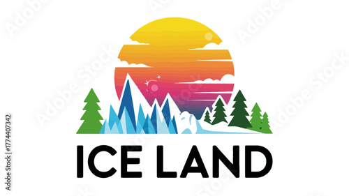 Icelandic landscape with mountains trees and sunset