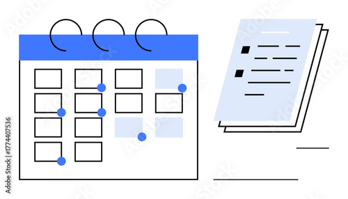 Calendar featuring highlighted dates alongside stacked documents, conveying scheduling, planning, and deadlines. Ideal for time management, project planning, work organization, productivity