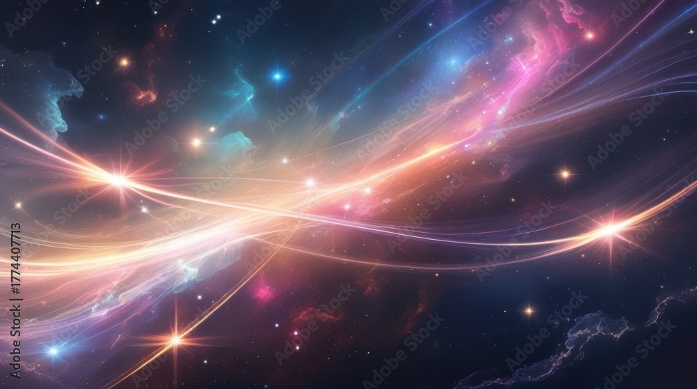 Obraz premium Celestial Symphony: An artistic depiction of the cosmos, where vibrant nebulas intertwine with shimmering stars and radiant light, creating a breathtaking ballet of colors and cosmic energy.