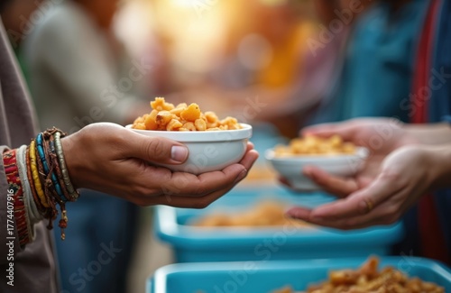 Fototapeta Naklejka Na Ścianę i Meble -  Close up hands exchanging small bowls of warm food. One person gives, another receives nourishing meal. Charity event provides food for homeless, poor people, showing community support, compassion.