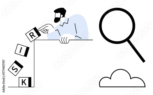 Man balancing blocks spelling risk, magnifying glass and cloud highlighting hazard control, search, and strategy. Ideal for risk management, caution, analysis, problem-solving, decision-making