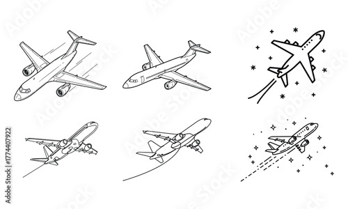 Collection of hand-drawn airplane illustrations in various flight poses