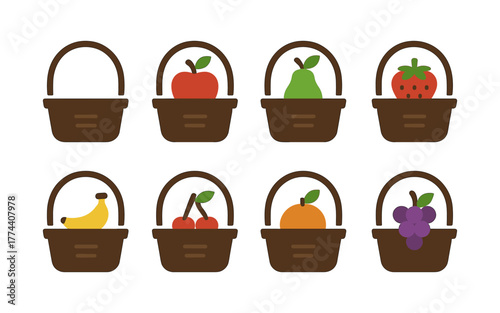 Colorful flat design fruit baskets featuring apples, pears, and more