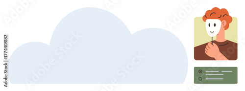 Person with orange hair holding a mask, accompanied by a large abstract cloud shape and an information box. Ideal for identity, privacy, anonymity, social media, storytelling, psychology