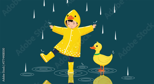 Child in duck raincoat playing in puddle with yellow duck and raindrops on cheerful rainy day cartoon illustration