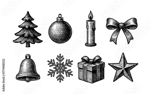 Hand-drawn christmas elements: tree, ornament, candle, bell, bow, snowflake, present, star
