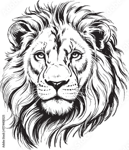 Majestic lion head portrait with detailed mane and intense gaze drawing