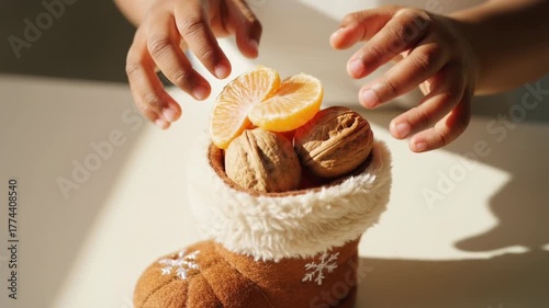 A child's hands fill a small Christmas boot with oranges and walnuts. Close-up of a holiday stocking stuffer tradition. Healthy festive treats for kids