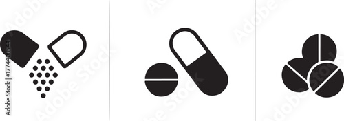 Medical pills and capsules icons representing pharmaceuticals healthcare medicine pharmacy treatments health