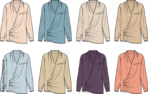 Assortment of draped blouses in various colors, showcasing elegant V-neck design with subtle pleats and a pocket detail