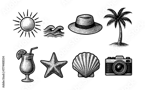 Vintage summer icons: sun, hat, palm tree, ocean waves, sea shells, and camera