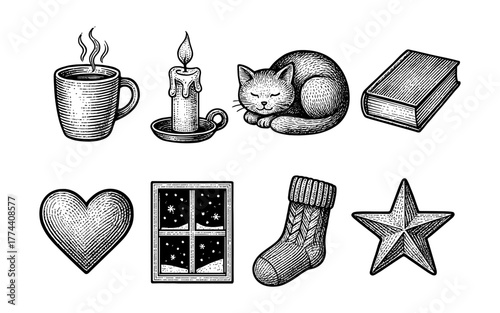 Vintage cozy elements: warm beverages, candles, sleeping cat, and more