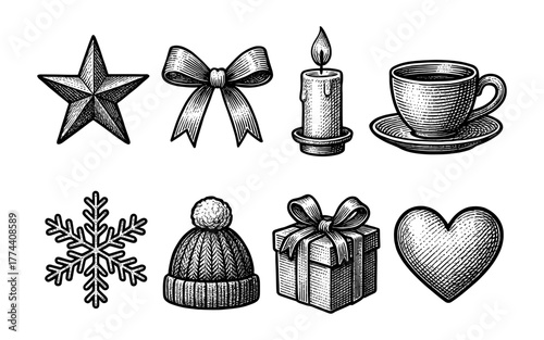 Hand drawn holiday icons: cozy winter elements with coffee, candle, and gifts