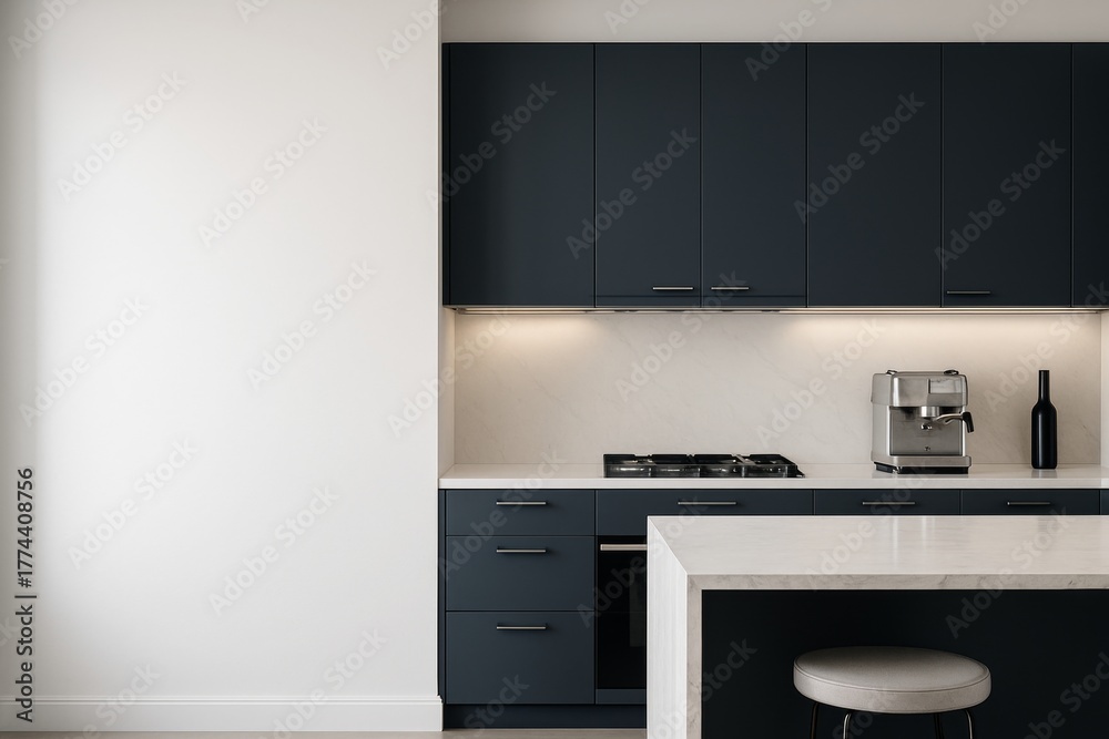Fototapeta premium Modern minimalist kitchen interior with dark cabinetry, marble countertops, and neutral lighting in a sleek design concept on a soft background wall. Ai generative
