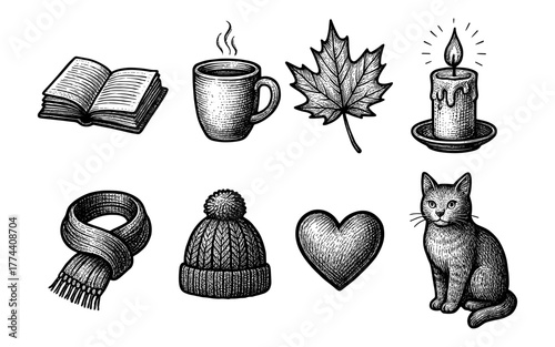 Hand drawn cozy autumn elements: open book, coffee, maple leaf, candle, scarf, hat, heart, cat