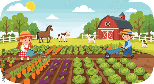Children gardening on a vibrant farm with vegetables, barn, animals, and sunny sky in a cheerful countryside landscape illustration