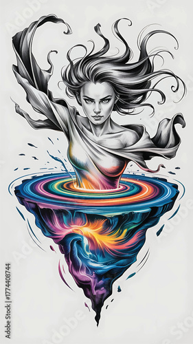 Mythical woman emerges from vibrant cosmic vortex abstract art