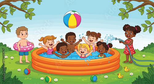 Children playing in inflatable pool outdoors with beach ball, swim ring, hose, toys, and trees on sunny summer day