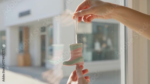 A person's hands hold a colorful ceramic boot ornament. Close-up of a handmade holiday decoration in front of a bright window. Festive home decorating concept