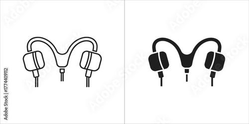 Two icons of earbuds, one in outline and one in solid black