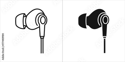 Earbud with wire, black and white outline and solid fill versions