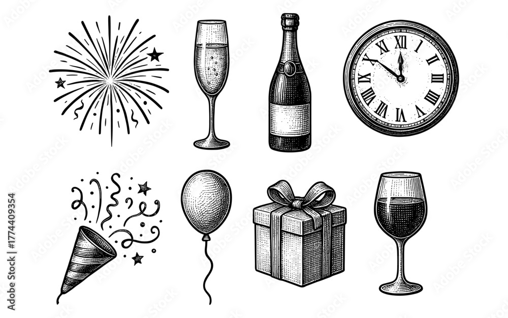 Obraz premium Vintage celebration elements: clock, fireworks, champagne, and gifts