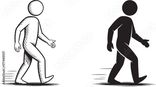 Sketch and silhouette of a person walking side view simple outline and filled figure