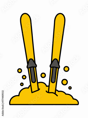 Cartoon Yellow Skis Poking Out of Snowdrift on a White Background Winter Activity Illustration