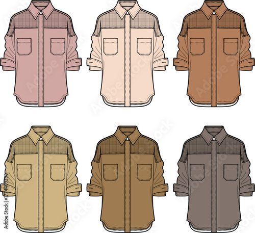 Collection of Versatile Women's Long Sleeve Button-Up Shirts in Earth Tones, Featuring Rolled Cuffs and Front Pockets – Flat Lay Fashion Illustration for Apparel Design and Style Concepts