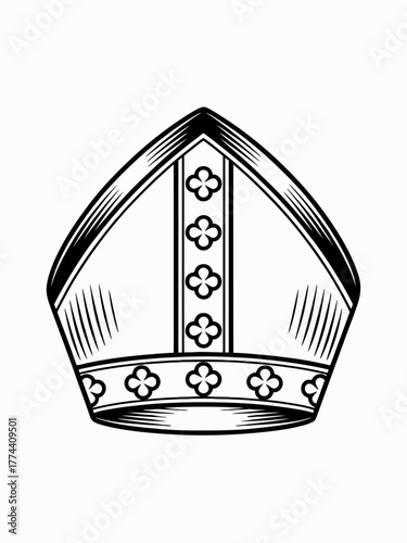 Bishops Mitre Icon in Black and White Catholic Church Symbol Religious Headwear Illustration Episcopalian Design