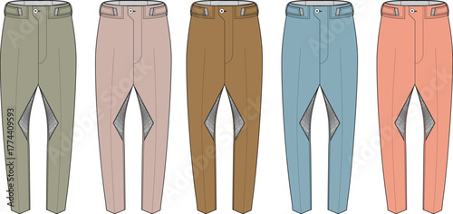 Collection of equestrian style pants in various colors for fashion design concepts