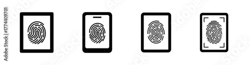 A set of four black and white fingerprint scanner icons for security and identification.