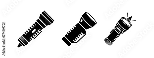 Set of three black flashlight icons on a white background, illustrating different designs and one in an on state.