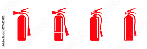 Four red fire extinguishers in a row, each with a slightly different hose and nozzle design.