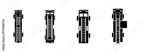 A set of four black and white fire truck icons viewed from a top-down perspective on a white background.