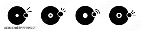 Four black circular icons with central white rings, each featuring a smaller black button emitting different signal patterns, representing various status indicators or alerts.