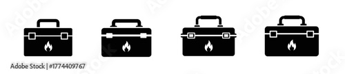 Four black icons of a toolbox with a flame symbol inside, arranged horizontally.
