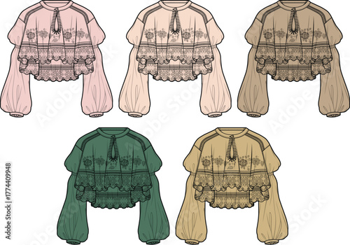 Fashion illustration of various colored blouses with lace details and long sleeves for apparel design