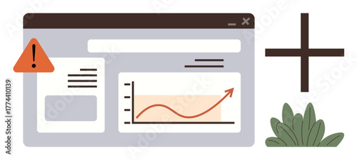 Analytics dashboard showing upward trend graph, warning alert, plus sign, and plants. Ideal for data visualization, analytics, success indicator, alert management, growth tracking productivity