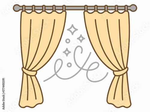 Illustration of Open Curtains with Fresh Air Breeze and Sparkles Letting Light In and Symbolizing Cleanliness and Ventilation