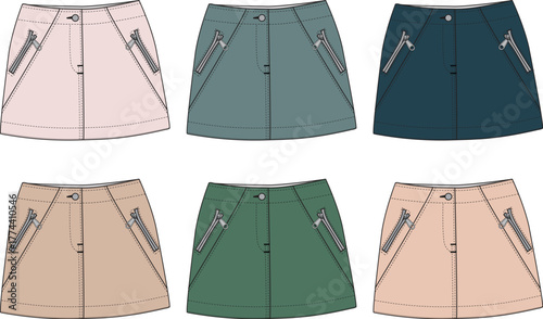 Women's A-line mini skirt fashion design flat sketch set with zipper detail. Vector illustration clothing template in six different color options