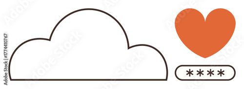 Cloud outline with heart icon and password input represents secure data storage, protection, and love for privacy. Ideal for online safety, encryption, trust, technology, internet security, care