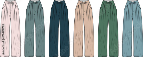 Collection of elegant, fashionable high-waisted wide-leg pants in various pastel colors for style and design