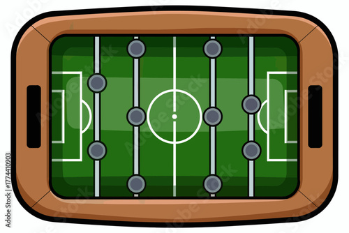 Foosball table top view for fun and games with players aligned and playing field lines marked with cartoon style